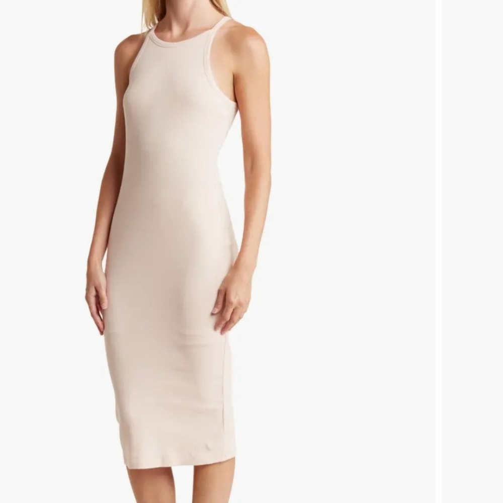 James Perse Cream Ribbed Sleeveless Midi Tank Dress